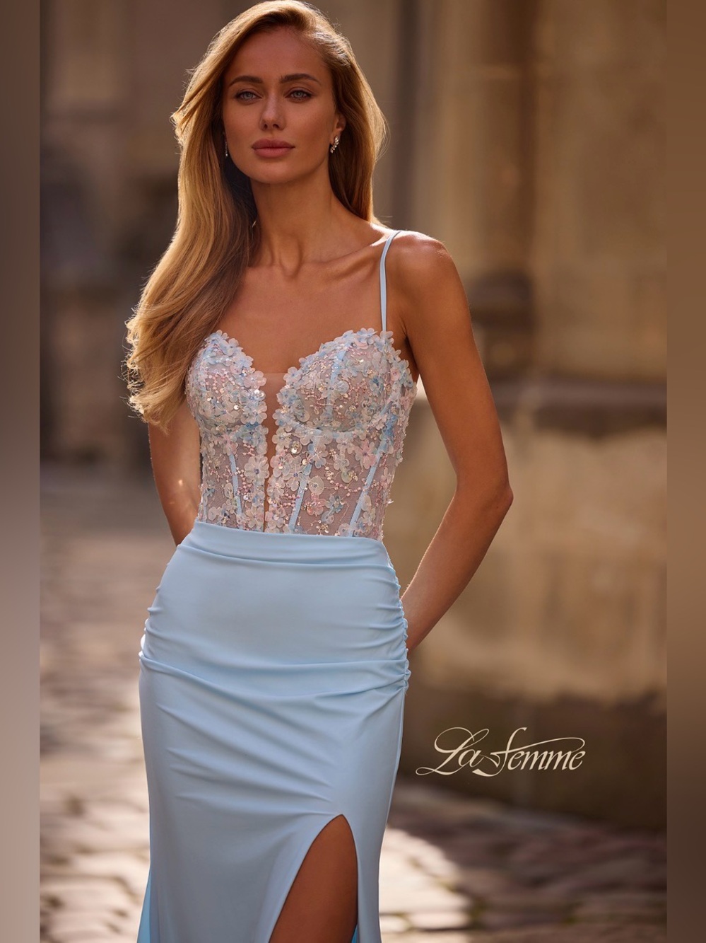 NWT La Femme 32957 Floral Beaded Illusion Gown